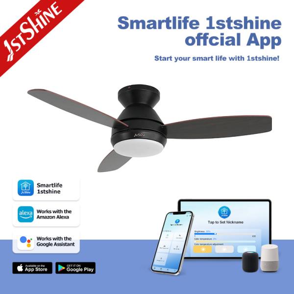 42 Inch Black Flushed Mounted Bedroom Samrt Home Ceiling Fan With Lights