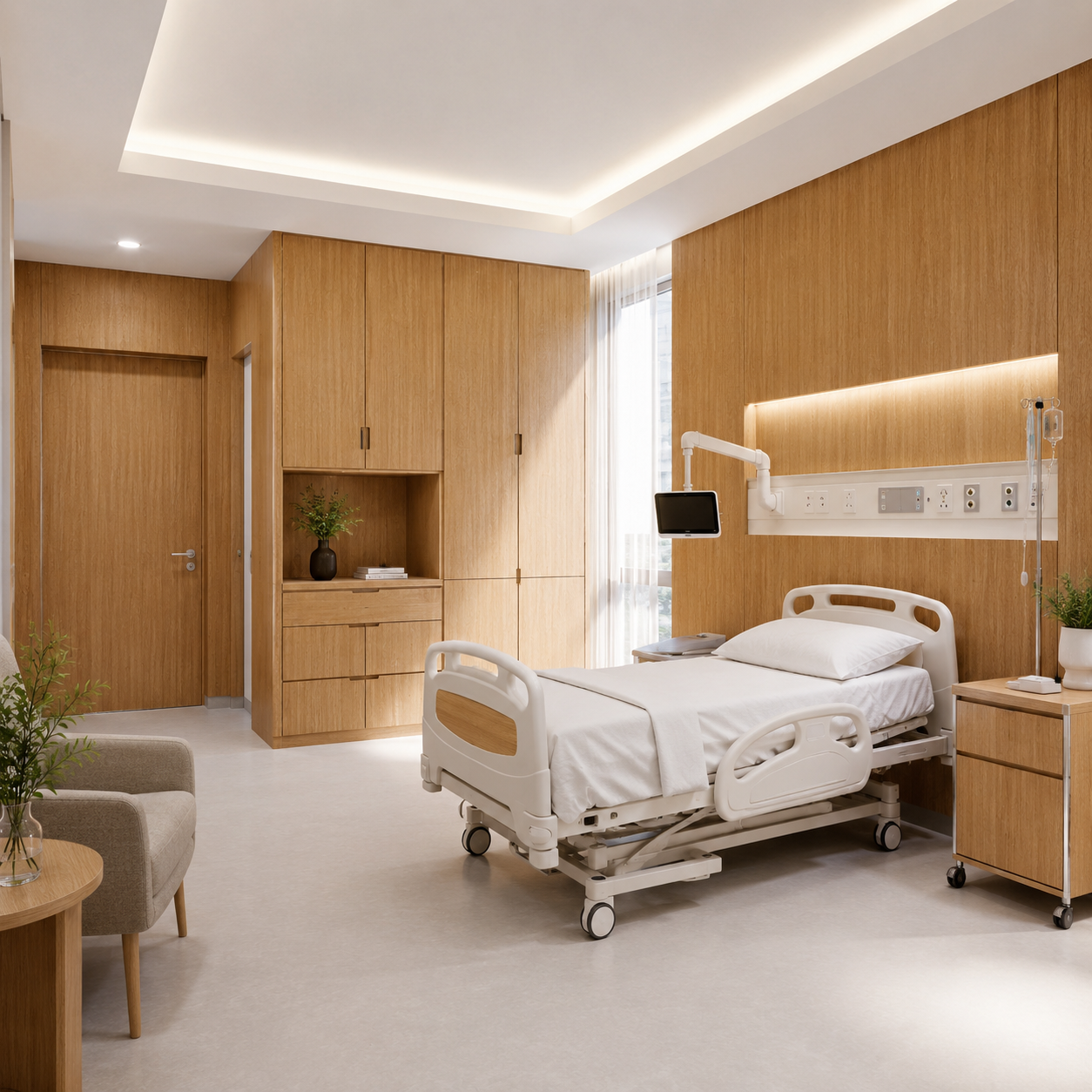 Custom Hospital Interior Design  HPL Compact Panel Wall Cladding, Nursing Station & Patient Ward Furnishing Solutions