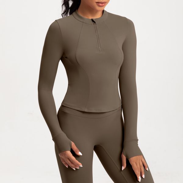 Women's Half Zip Long Sleeve Athletic Top Moisture Wicking Thumb Hole Cuffs Slim Fit