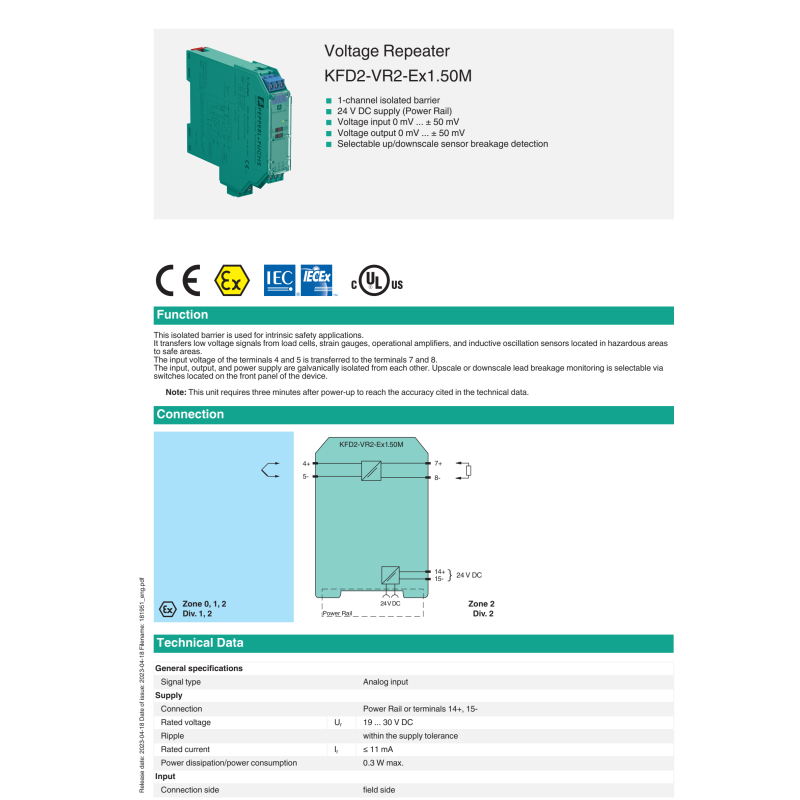 PEPPERL+FUCHS Safety Barrier Voltage Repeater KFD2-VR2-Ex1.50M Zener Barrier Safety Isolator