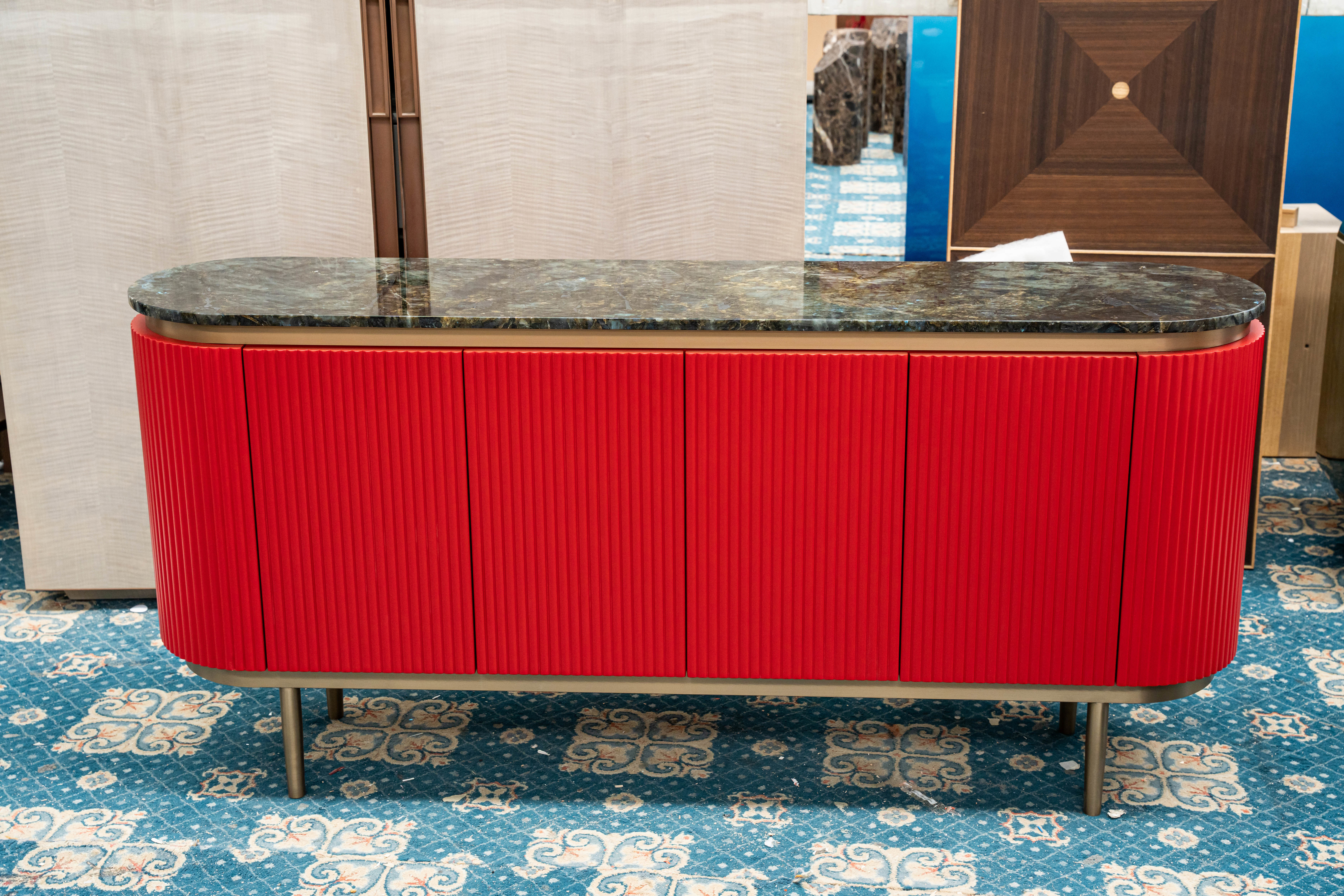 Home‑use Green Marble Top Sideboard, Red Fluted Storage Cabinet with Brass Metal Legs for Dining Room & Living Room