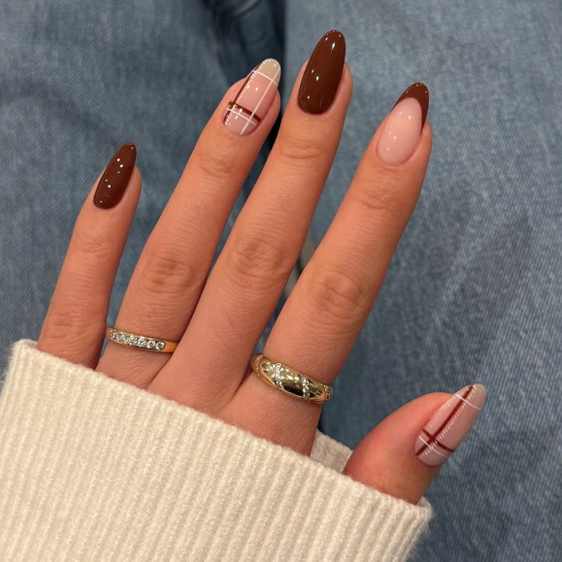 Checkered Finish Pattern False Nails FDA Cat Eye Press On Nails