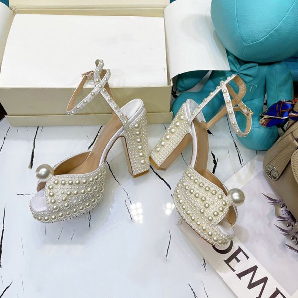 Pearl inlaid design women's high heel sandals，open toe height increasing women sandals