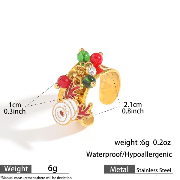 Fashion Popular Stainless Steel Enamel Christmas Tree Stocking Reindeer Snowflake Jewelry Rings 18k Gold Plated Adjustable Ring