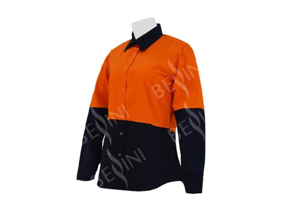 Spring / Summer Womens Workwear Shirts , Ladies Cotton Work Shirts Long Sleeve