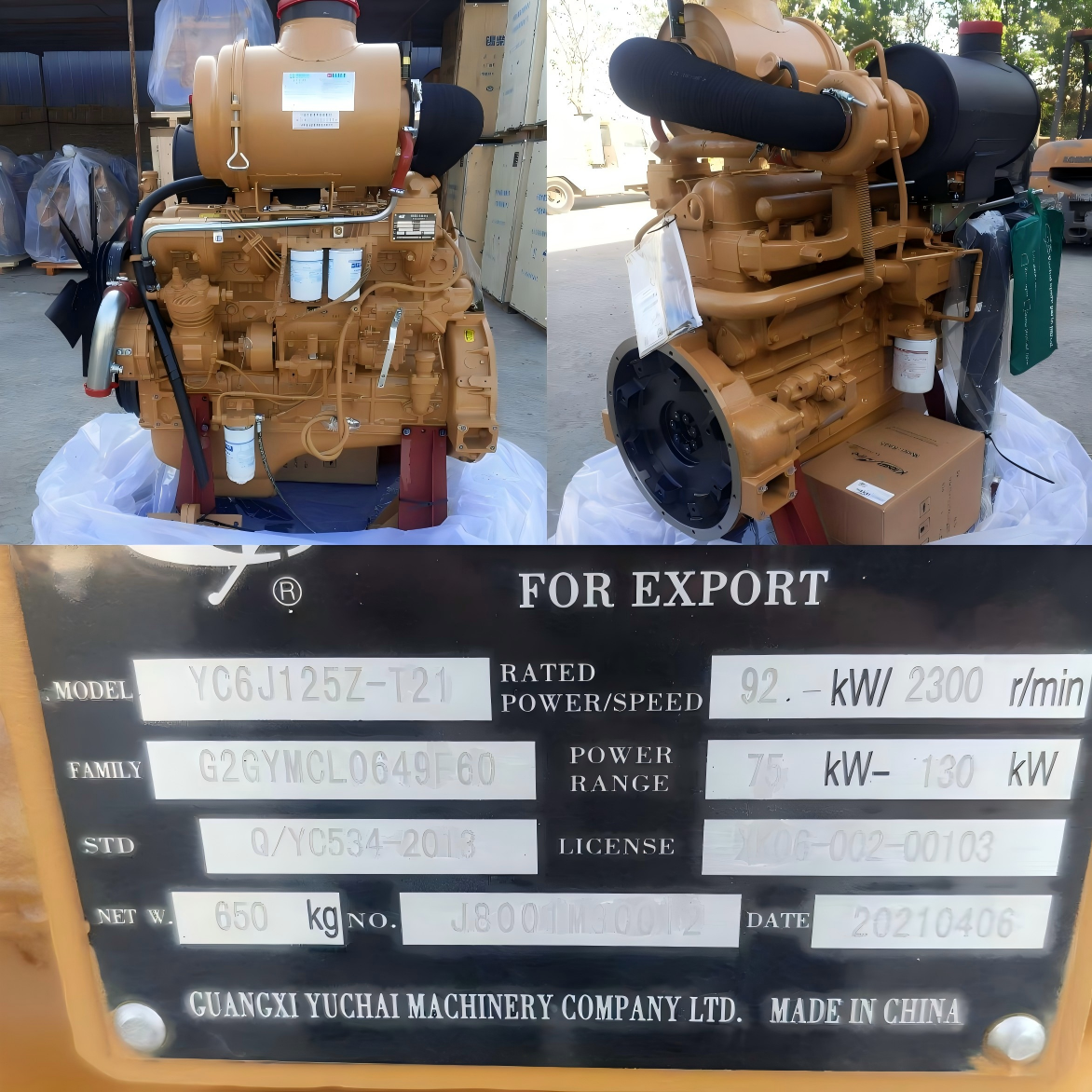 Yuchai YC6J125Z-T21 Diesel Engine Assy For Wheel Loader CLG833、CLG835、CLG836、LG833、LG835、LG836 Excavator CLG920D、CLG922D、SY195C、SY205C