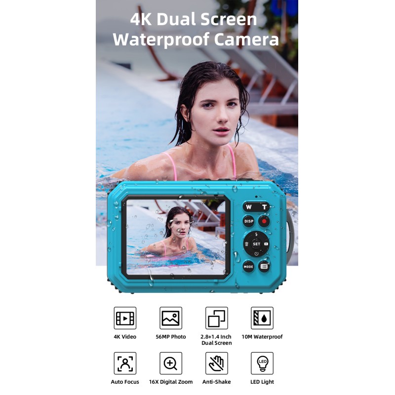 Vintage 4K 56MP 16X Zoom Dual Screen Waterproof Digital Camera With Anti Shake  LED Light and Auto Focus for Swimming and Diving