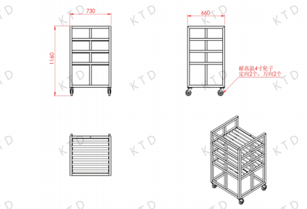 Trolley de transporte de proceso de corte por KUTED con ruedas de resistencia a altas temperaturas de 4 