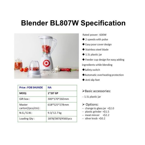 600W 1.5 L BL807 Plastic / Glass Jar Food Blender