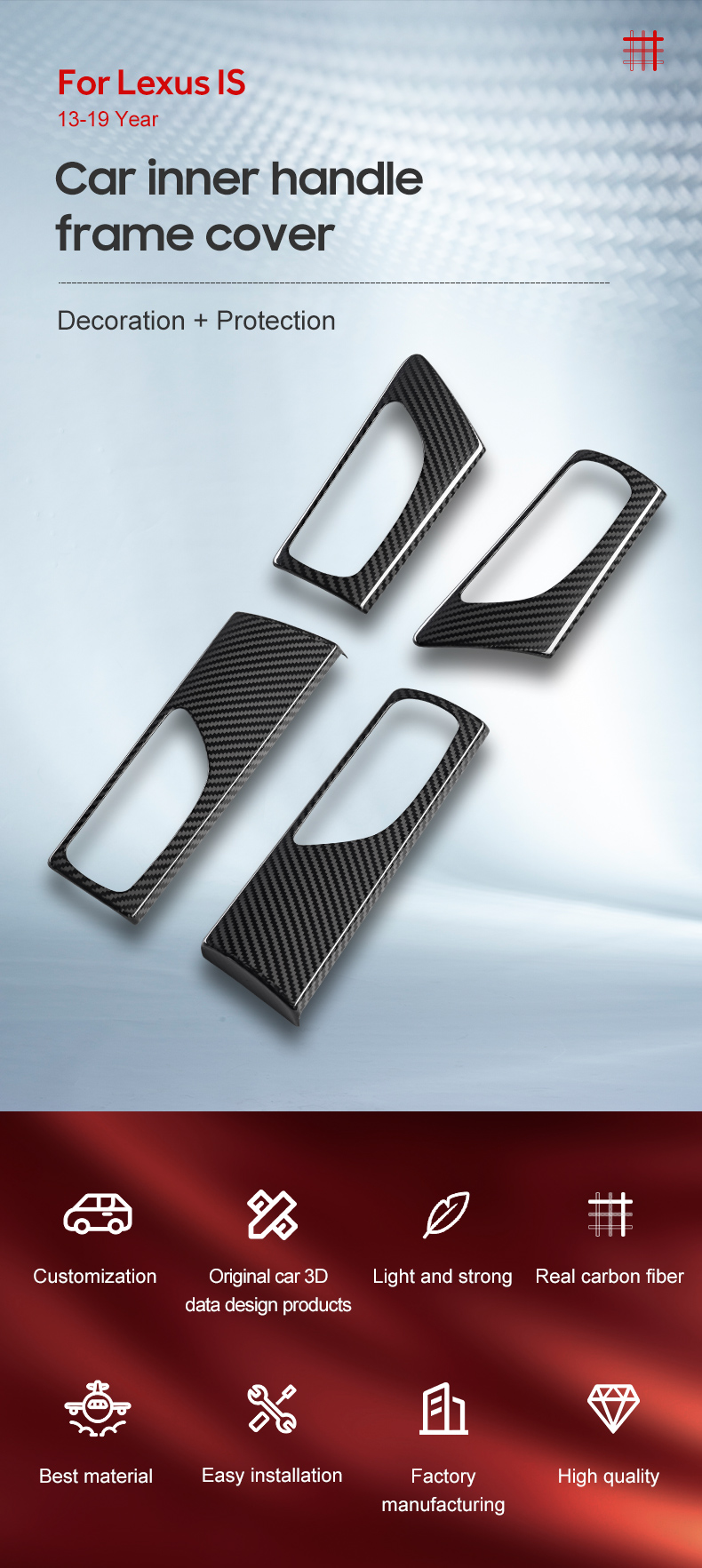 Dry Carbon Fiber Car Inner Handle Frame Cover for Lexus IS 13-19 Year
