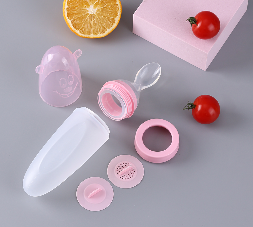 Baby silicone rice cereal spoon milk bottle squeeze feeding spoon child silicone feeding bottle with spoon for baby