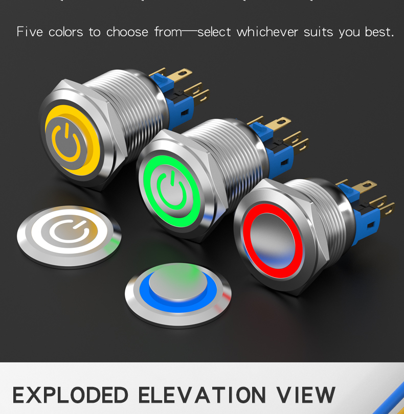 Stainless steel metal button self-reset waterproof power switch self-locking 6-pin 22mm illuminated button 1NO1NC