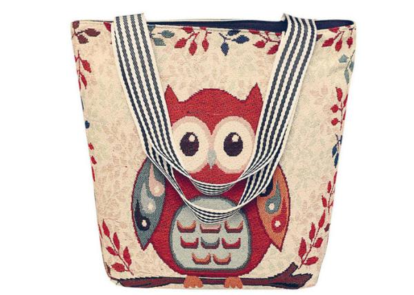 Cartoon Owl Print Canvas Shopping Bags Large Capacity For Women