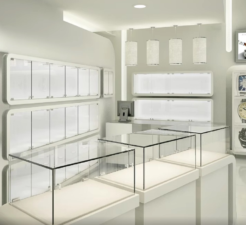 Minimalist Microcement Cream Style LED Durable High End Custom Curved Jewelry Display Cases Stainless Steel Legs for Retail