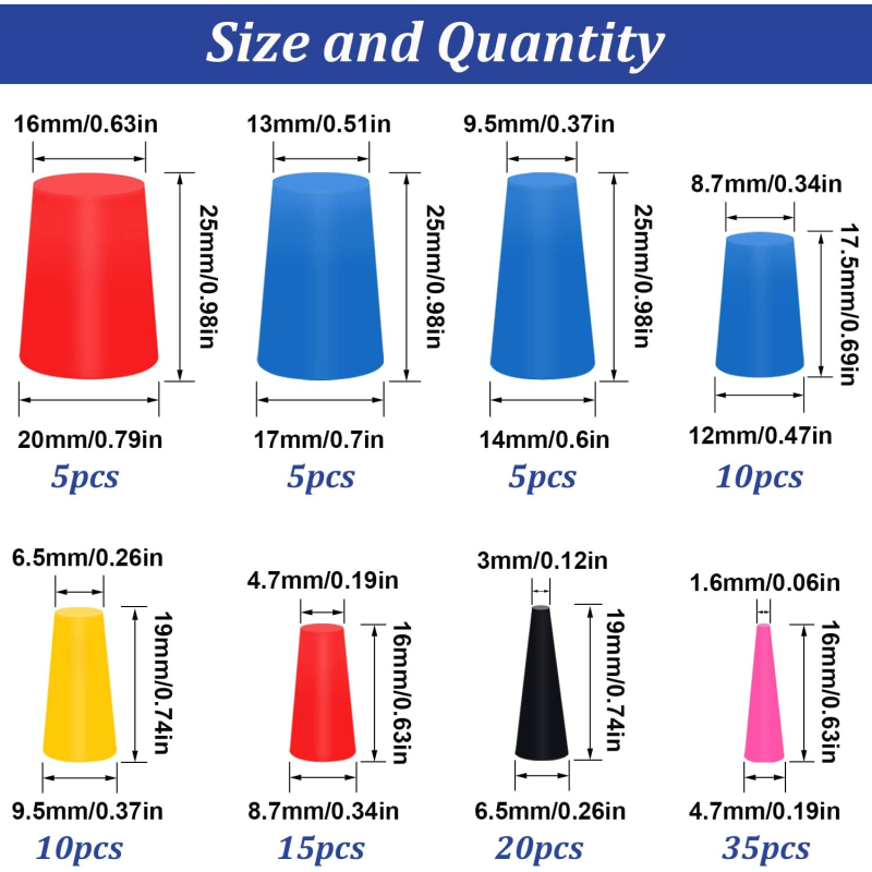 Rubber Products for Moulding Processing Service Diverse 105 Sizes Silicone Plug and Colorful Cone Plug Set