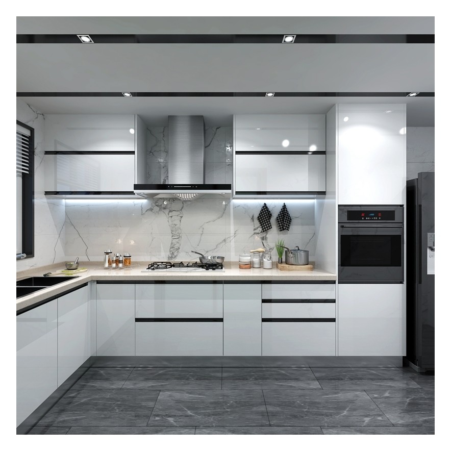 end Modern Style White Solid Wood Lacquer Modular Kitchen Cabinets for Home Renovation