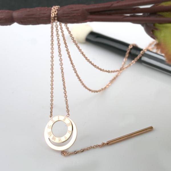Steel Double Round Cylinder Pendant Long Necklace, Rose Gold Pated Necklace