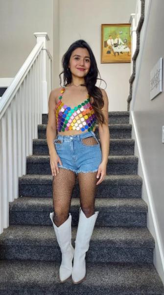 Holographic Sequin Decor bustier corset Chain Detail Backless Crop Halter Top