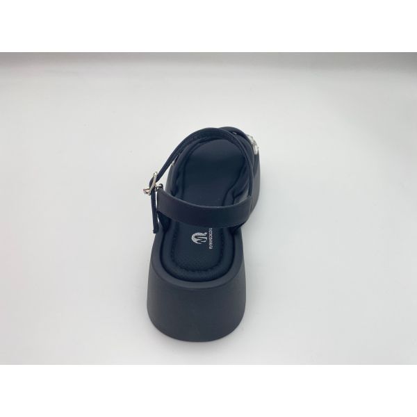 Women black bottomed sandals with rhinestone genuine leather in summer