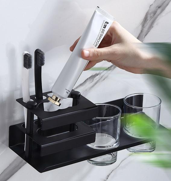 Multifunctional Wall Mounted Toothbrush Holder Matte Black Color ODM