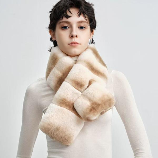 Faux Rex Rabbit Fur Striped Scarf