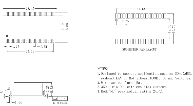 Трансформатор порта квада XTFZ-M-3007A-MOA 10/100Base-T SMD, XTFZ-M - 3007 a. c. - MOA