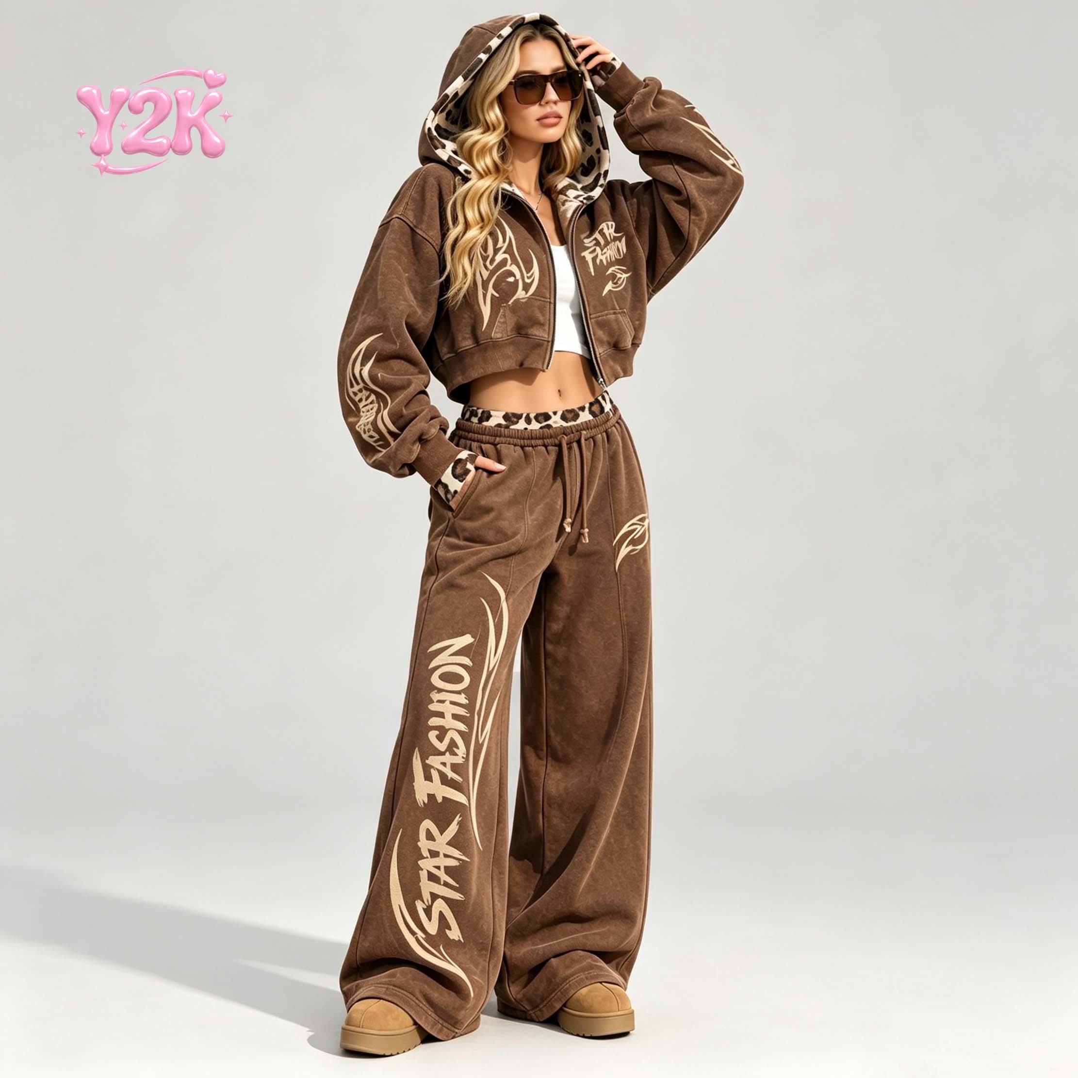 Custom Women Patchwork Crop Hoodie Wide Leg Pants Two Piece Set