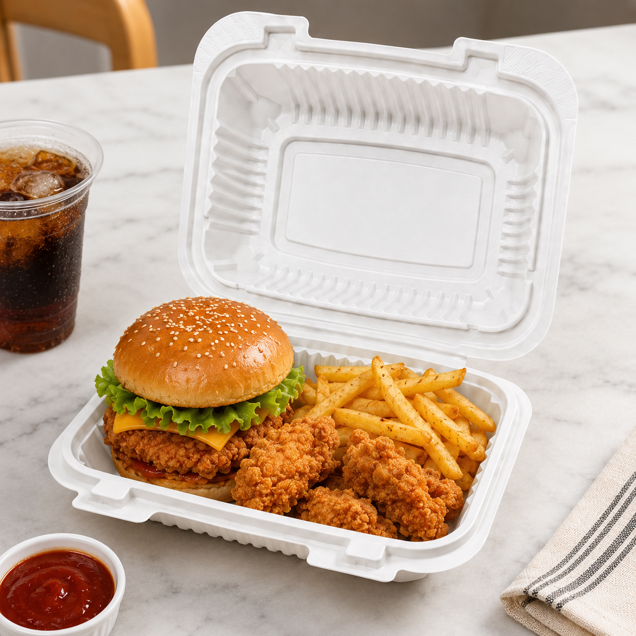 SC-96 White PP Clamshell Takeout Containers for Restaurant Meal Packaging