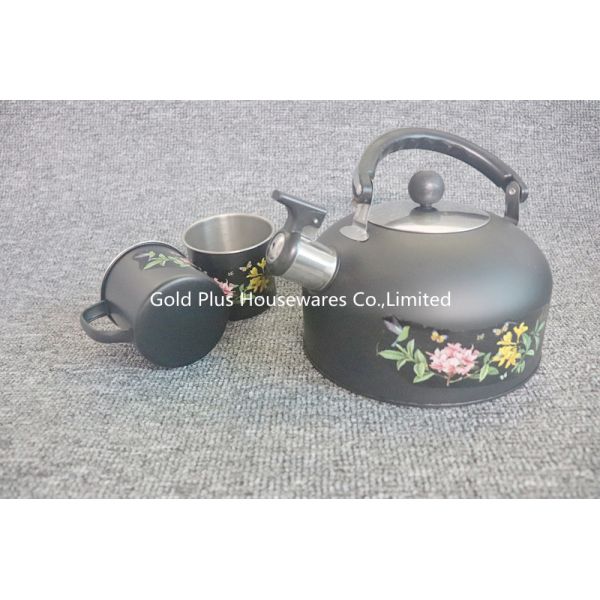 Flower Painting 0.11cbm Stainless Steel Whistling Tea Pot With Two Cups