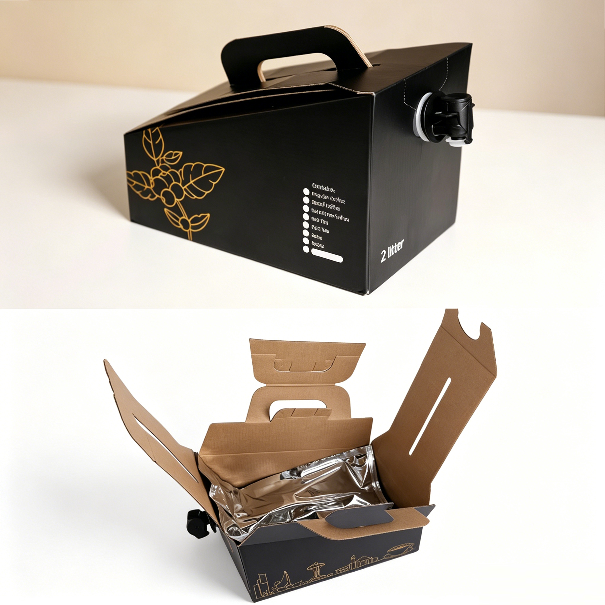 Custom Printed Black Coffee Box With Handle & Aluminum Foil Bag In Box Tap Liner | Disposable Bag In Box Coffee Packaging Set For Cold Brew & Liquid Coffee