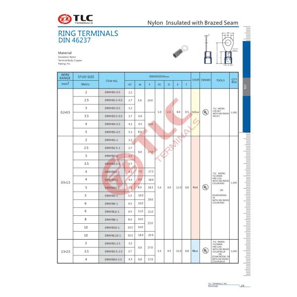 TLC Nylon Insulated Double Crimp 150-600V Tin Plated Connectors 0.2-10mm2