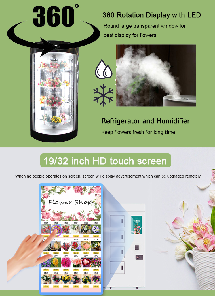 22 Inch Touchscreen Flower Vending Machine with Contactless Payment and Refrigeration Humidifier System