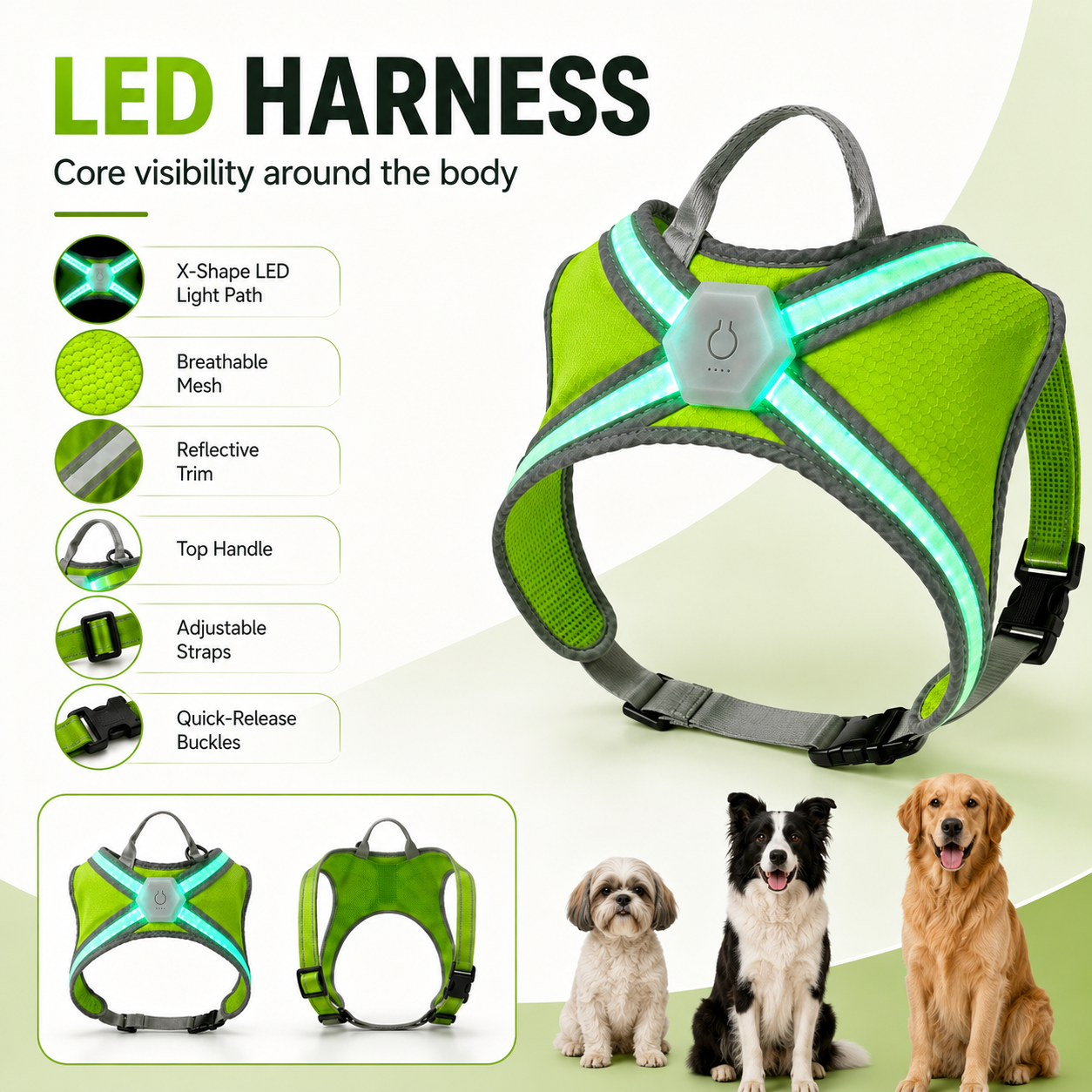 Qcool Rechargeable Light Up Adjustable Reflective Pet Walking Safety Custom Logo 3 Piece LED Dog Harness Collar and Leash Set