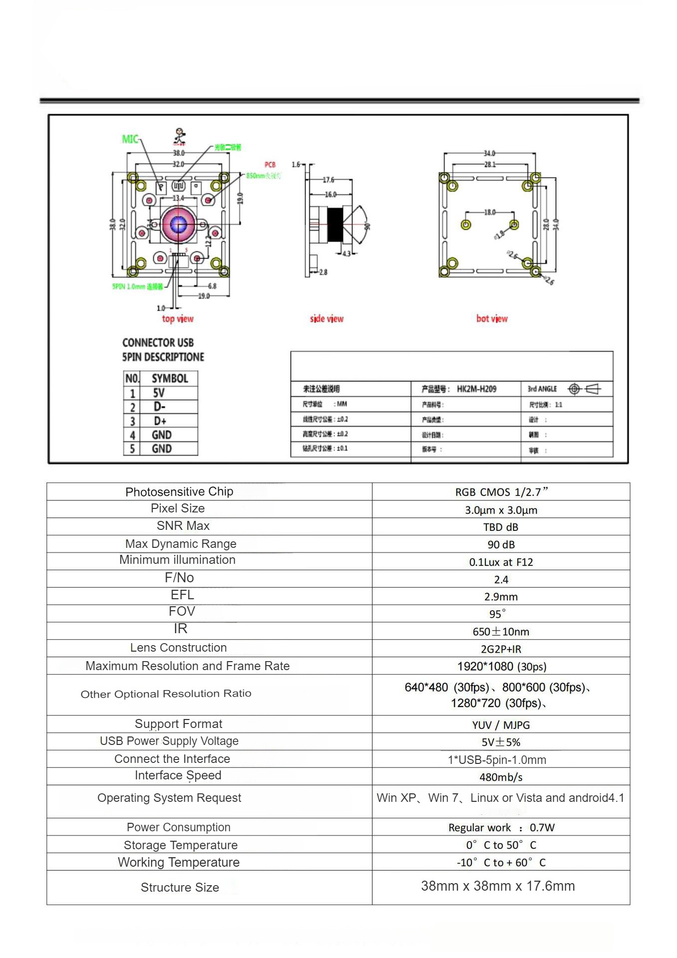 HK2M-H209 Wide Dynamic 1080p Wide-Angle Face Recognition Модуль камеры USB FOV 95°