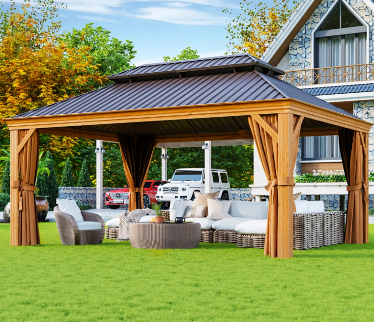 Luxury Outdoor Deck 12*16ft Aluminum Frame Galvanized Steel Bimetal Roof Hard Top Gazebo Garden