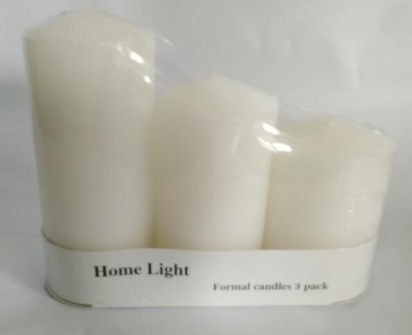 3pk white pillar candle packed into paper tray,then whole set be shrinked