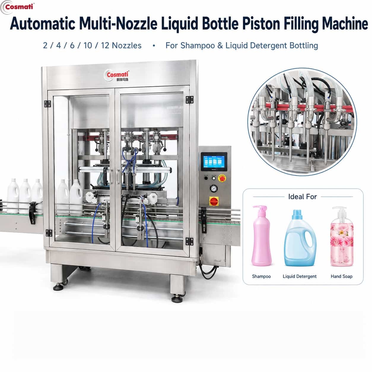 Automatic Piston Filling Machine 6 Head 100-1000mL Shampoo Detergent Bottle Filler