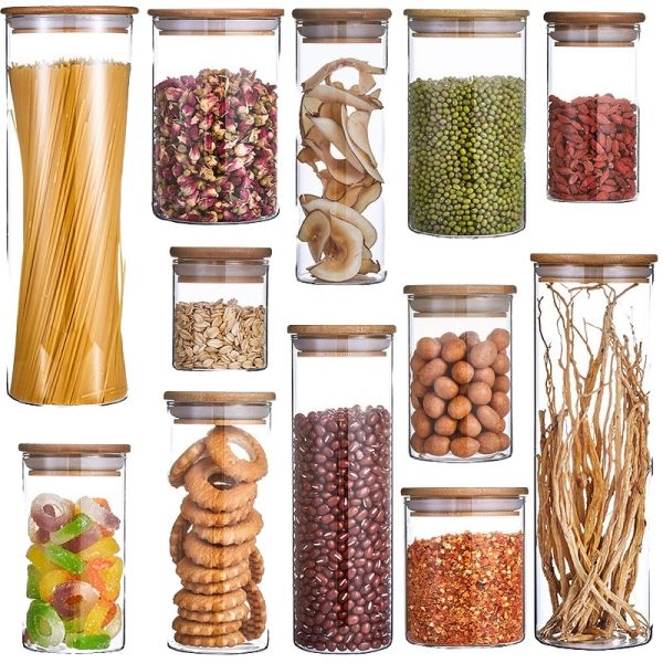 High Borosilicate Glass Canister Storage Jar With Bamboo Lid Silicone Ring Desktop Use