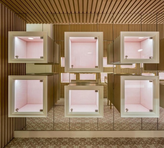 French Retro Pink Wood Grain Jewelry Display Case Reception Desk Set LED High-End Custom Design for Luxury Boutique Showroom