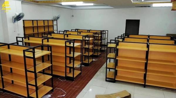 25MM MDF Layer Wood And Metal Shelves Black Steel Frames 1.4M High Double Side