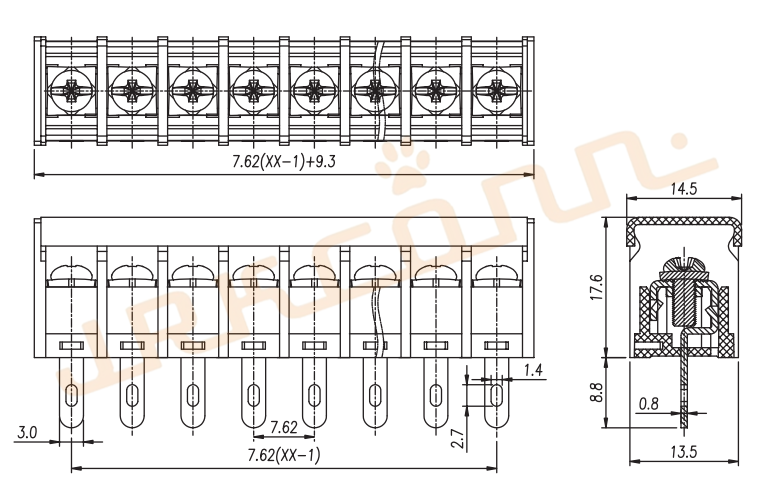 7.62mm Pitch Screw Type Terminal Blocks Din Rail Wired Connector Terminal Block