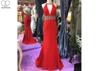 Hanging Neck Red Mermaid Style Prom Dress Top Beading Deep V Neck Backless