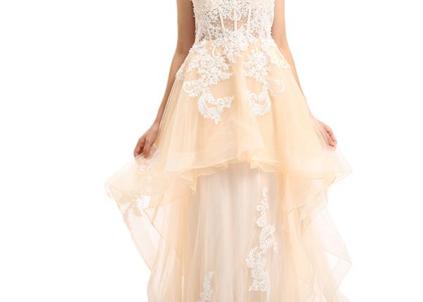 Ladies Shoulder - Straps High Low Prom Party Dress With Embroidery Decor