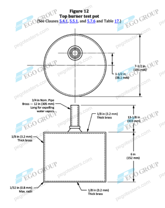 Brass Test Pot with 3.2mm Wall Thickness for Top Burner Testing Compliant with CSA/ANSI Z21.1:24