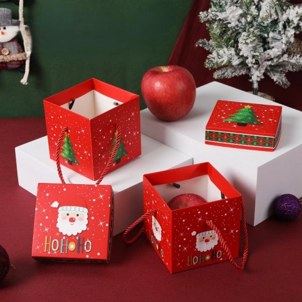 Christmas Santa Face Apple Gift Box Set Red Paper Packaging Festive Carry Handle Design Sturdy Christmas Eve Gift Box