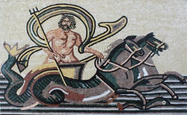 Neptune God Of Sea Round Mosaic Art Patterns Handmade Mosaic Craft Tiles 100 X 100cm