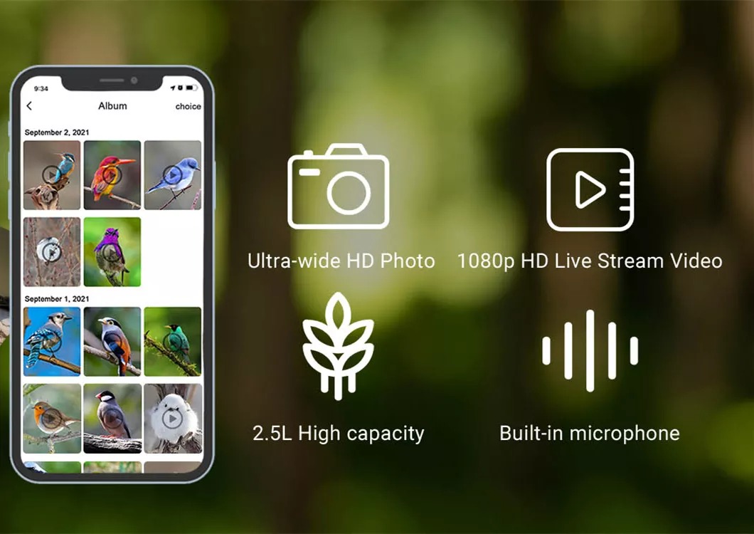 емкость камеры 2.5L фидера птицы 2.4G WIFI умная для внешнего OEM