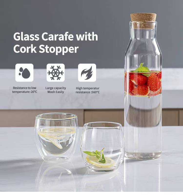 High Borosilicate Glass Carafe with Cork Stopper – Dishwasher Safe Beverage Pitcher for Wine, Coffee, and Juice