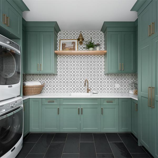 American Shaker U Shape Oasis Lacquer Blue Room Aundry Storage Cabinet  With Two Washing Machine