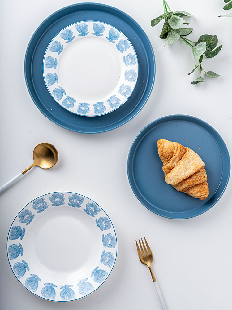 Белые голубые миски зарядные плиты стейки блюда столовая посуда фарфоровые обеденные наборы для 10 пользователей